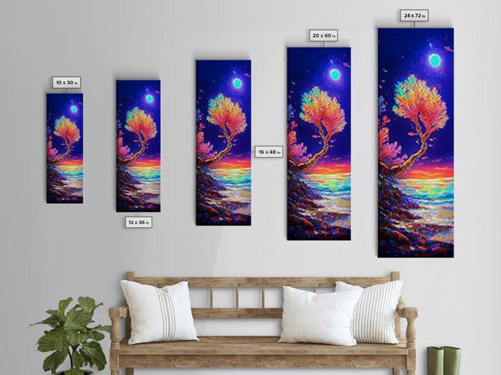 Moonlit Coral Tree By Ocean Canvas Print, Coastal Wall Art, Celestial Decor, Tropical Seascape, Beach House Living Room Decor