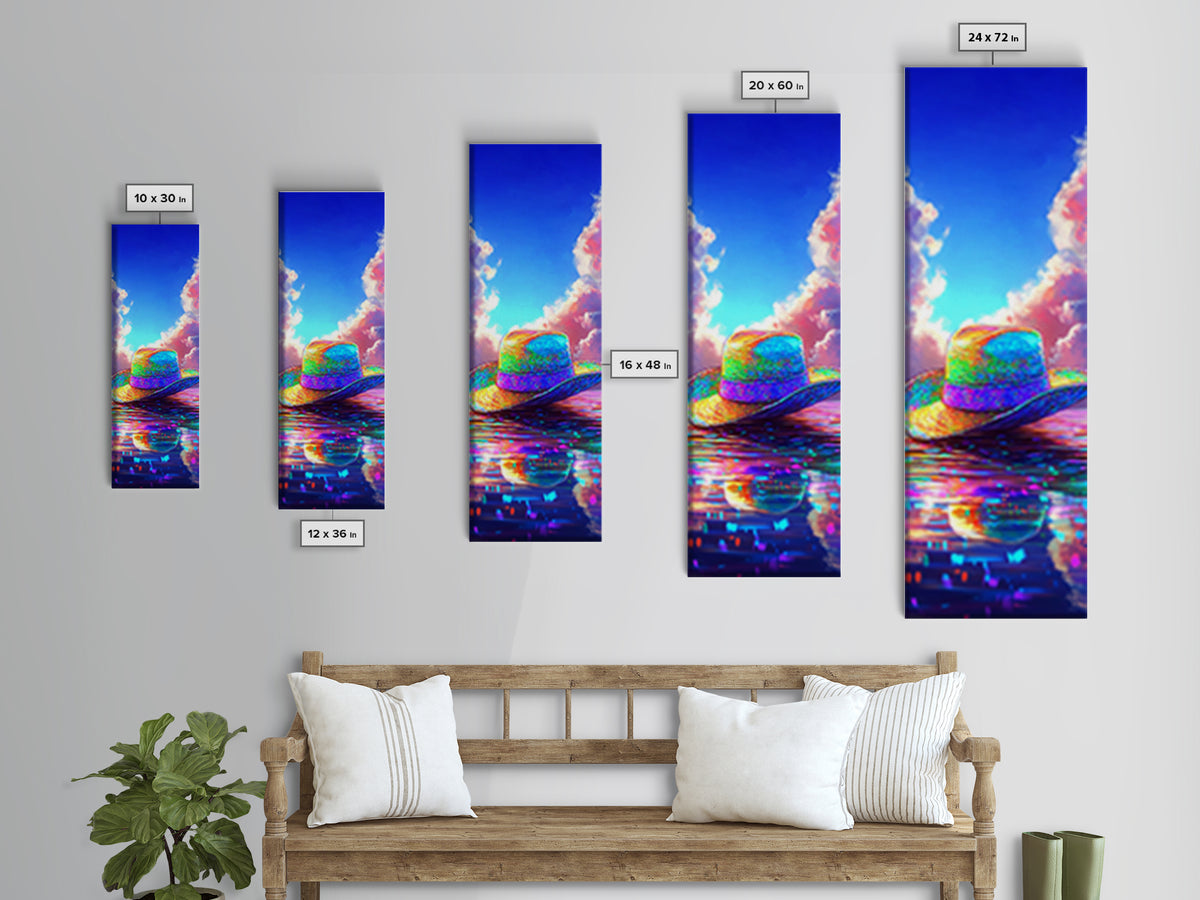 Rainbow Straw Cowboy Hat On Reflective Water Canvas Print, Western Wall Art, Coastal Cowgirl Decor, Colorful Summer Poster