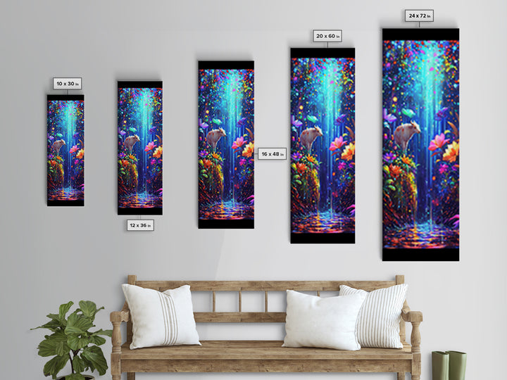 White Goat In Enchanted Waterfall Garden Framed Canvas Print, Whimsical Animal Wall Art, Colorful Nature Nursery Decor Poster