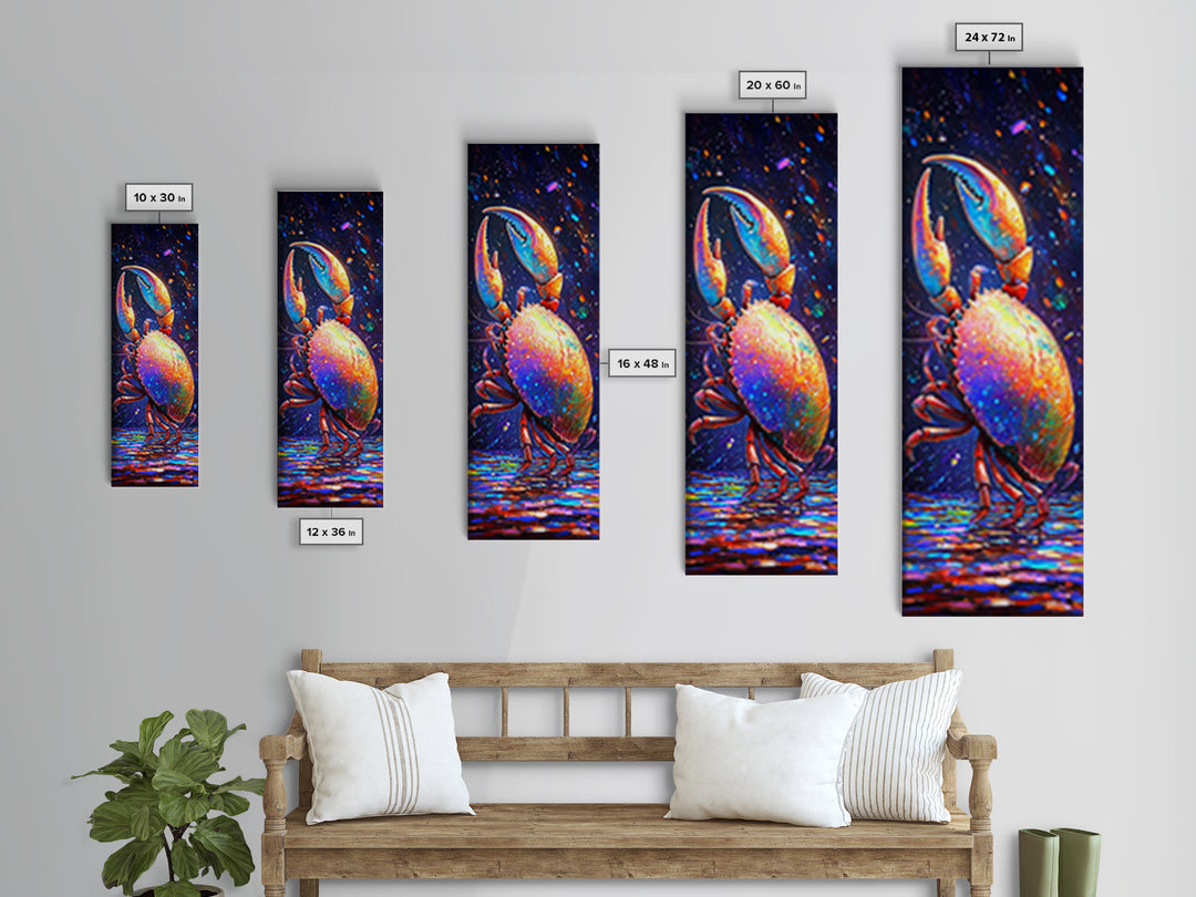 Vibrant Rainbow Crab With Raised Claw Canvas Print, Coastal Wall Art, Nautical Bathroom Decor, Colorful Ocean Animal Art