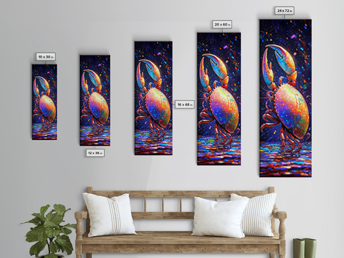Vibrant Rainbow Crab With Raised Claw Canvas Print, Coastal Wall Art, Nautical Bathroom Decor, Colorful Ocean Animal Art