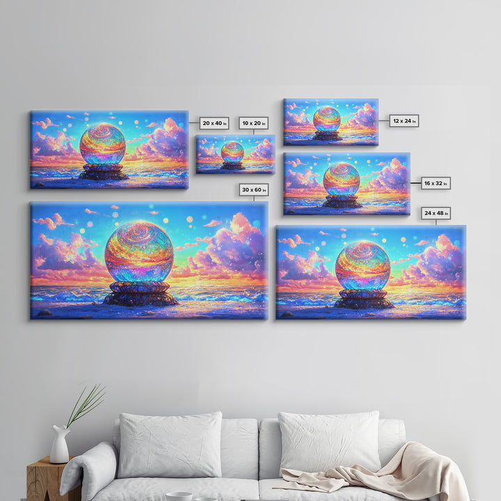 Glowing Crystal Orb By The Ocean Wall Art, Surreal Seascape Canvas Print, Coastal Decor, Celestial Art, Beach House Gift