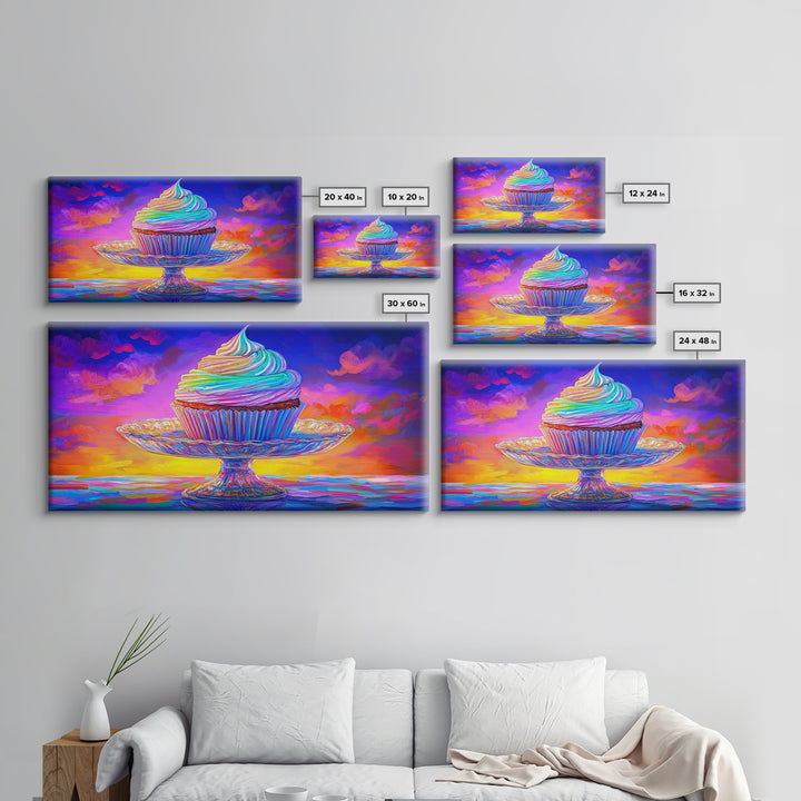 Rainbow Cupcake On Glass Stand Canvas Print, Whimsical Bakery Wall Art, Dessert Art, Kitchen Decor, Birthday Gift For Her