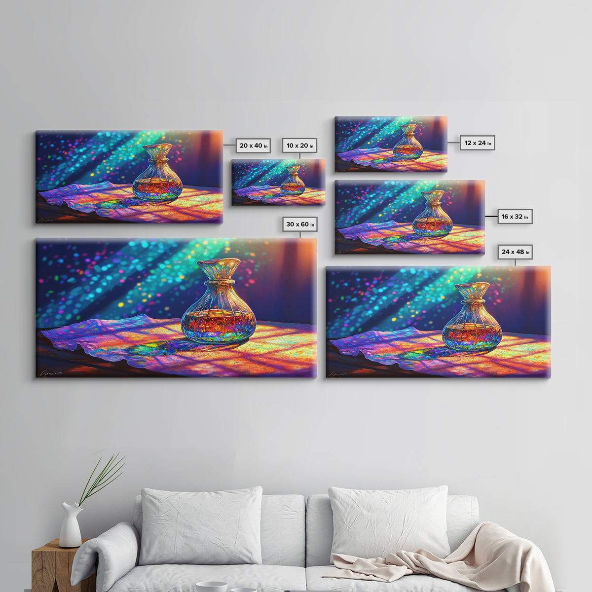 Amber Glass Perfume Bottle Wall Art, Rainbow Light Still Life Canvas Print, Elegant Bathroom Decor, Spa Wall Decor, Gift For Her