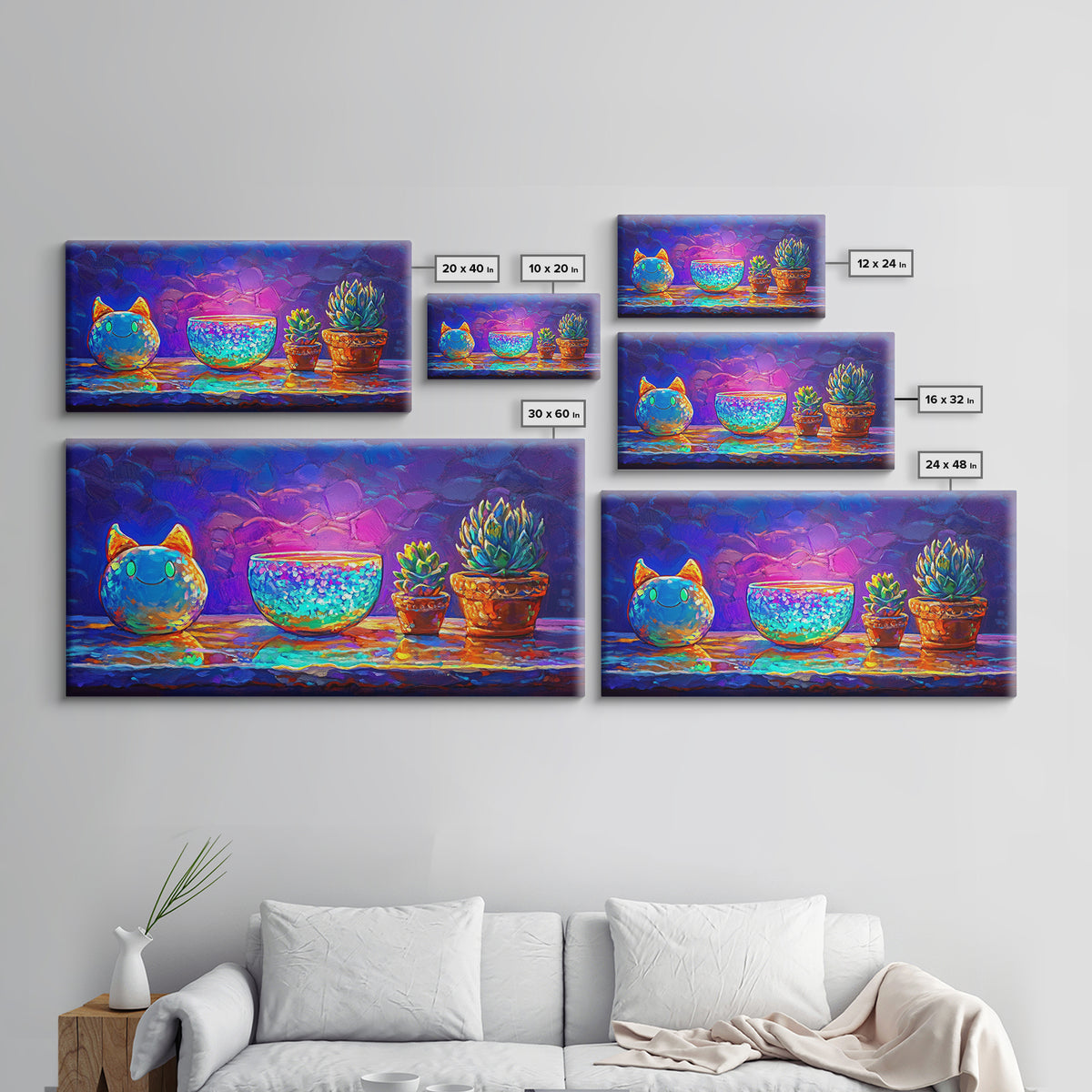 Cute Cat Figurine With Succulent Plants Wall Art, Colorful Still Life Canvas Print, Whimsical Home Decor, Plant Lover Gift