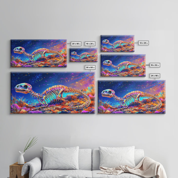 Colorful Dinosaur Skeleton Wall Art, Cosmic Fossil Fantasy Painting, Vibrant Science Decor, Kids Room Canvas Print, Dinosaur Gift