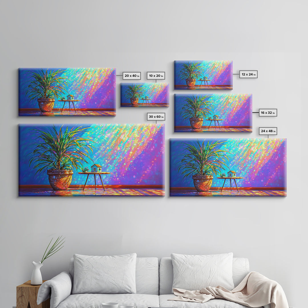 Potted Palm And Tiny House Wall Art, Rainbow Sunlit Room Still Life, Colorful Plant Decor, Modern Framed Canvas Print Gift