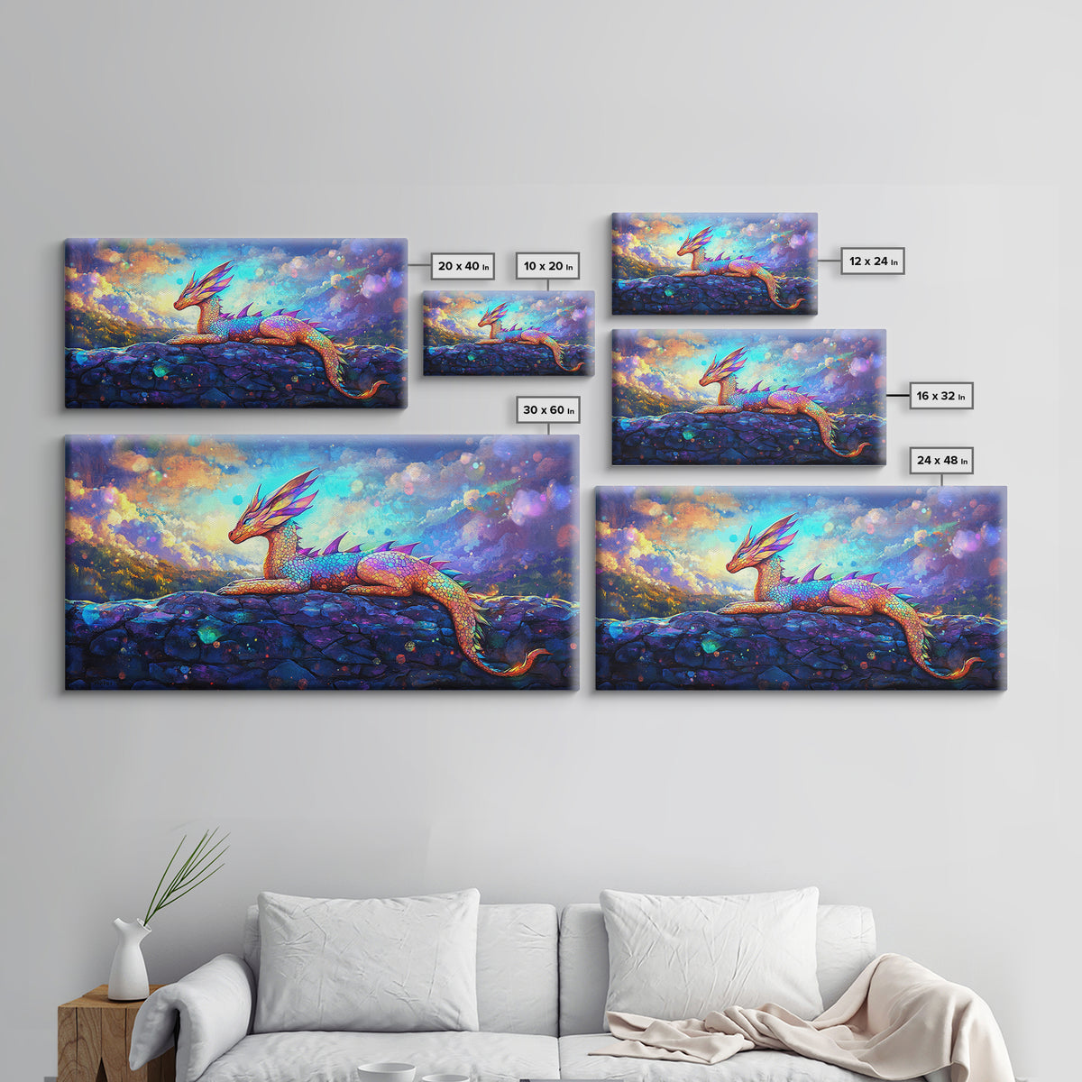 Rainbow Dragon Resting On Stone Wall Art, Whimsical Fantasy Creature Painting, Colorful Nursery Decor, Framed Canvas Print