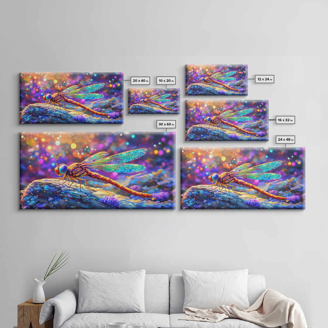 Iridescent Dragonfly On Pebble Wall Art, Colorful Nature Painting, Whimsical Insect Decor, Modern Framed Canvas Print Gift