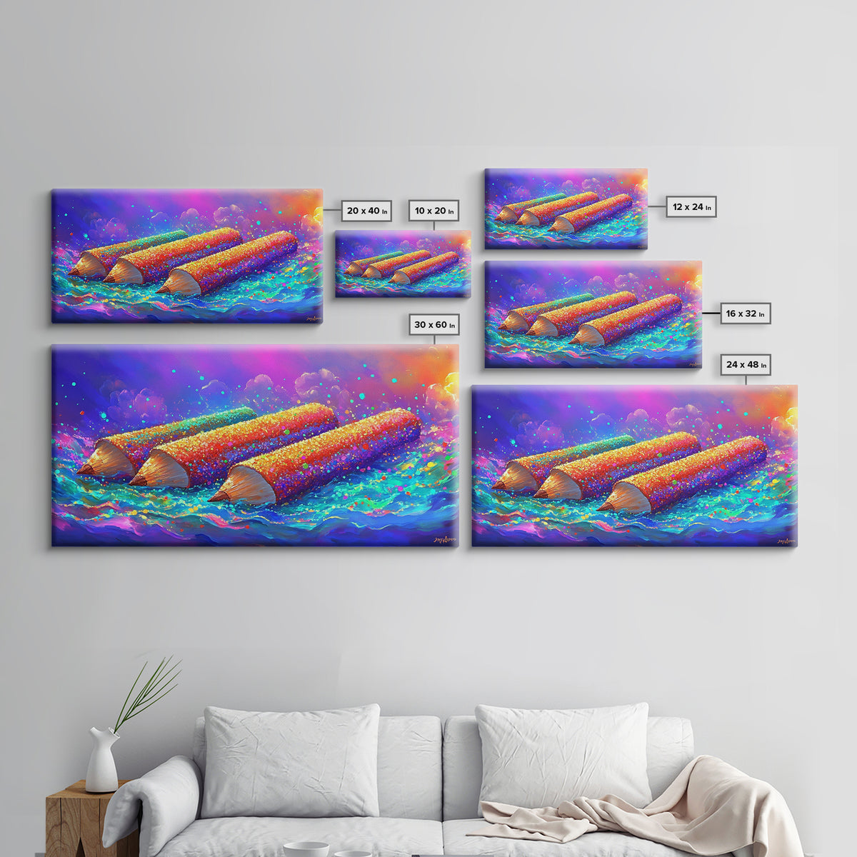 Giant Colorful Pencils In Ocean Waves Wall Art, Whimsical Art Supply Painting, Creative Studio Decor, Framed Canvas Print