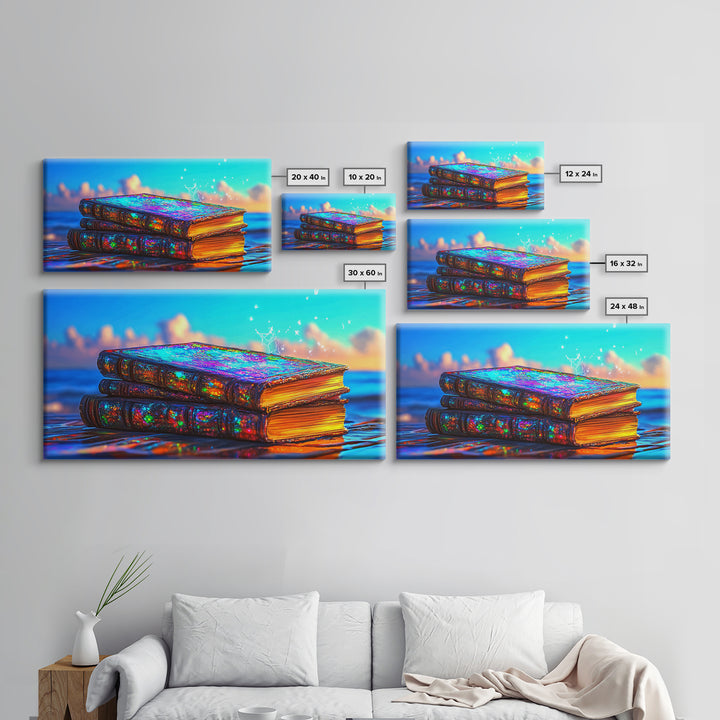Glowing Iridescent Antique Books Canvas Print, Fantasy Library Wall Art, Book Lover Gift, Magical Reading Nook Home Decor