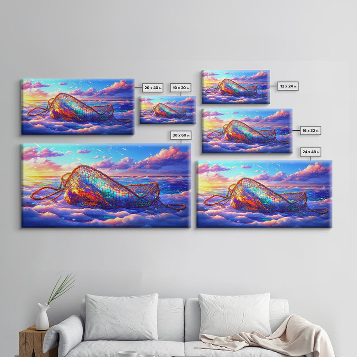 Iridescent Fishing Net On Sunset Beach Wall Art, Coastal Ocean Canvas Print, Nautical Decor, Beach House Living Room Art