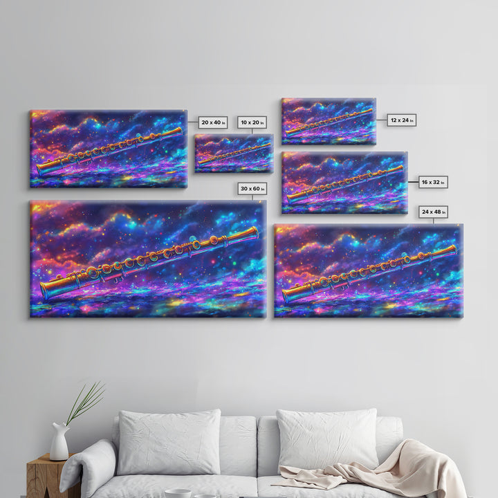 Golden Flute Floating In Cosmic Galaxy Wall Art, Music Studio Canvas Print, Celestial Space Decor, Gift For Music Lover, Home Decor