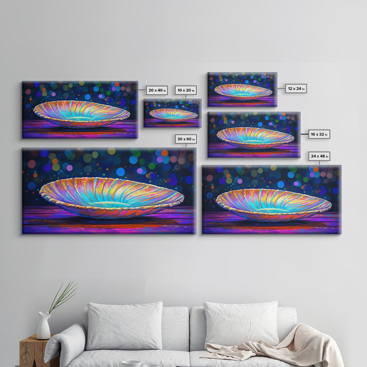 Iridescent Seashell Dish On Wooden Table Canvas Print, Coastal Wall Art, Ocean Decor, Nautical Home Decor, Beach House Gift
