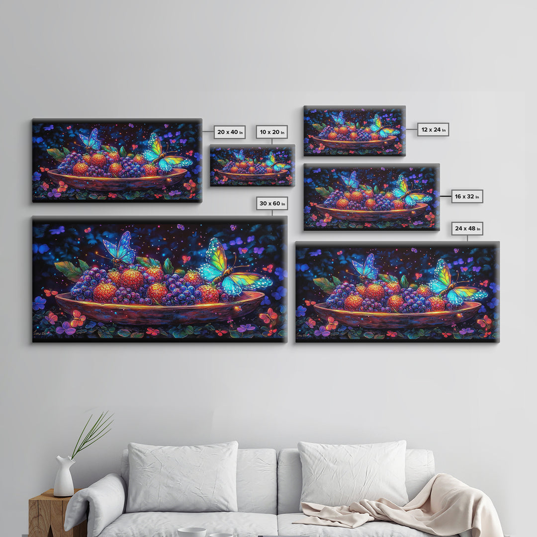 Butterflies Over Glowing Berries In Wooden Bowl Canvas Print, Whimsical Wall Art, Botanical Decor, Colorful Nature Gift