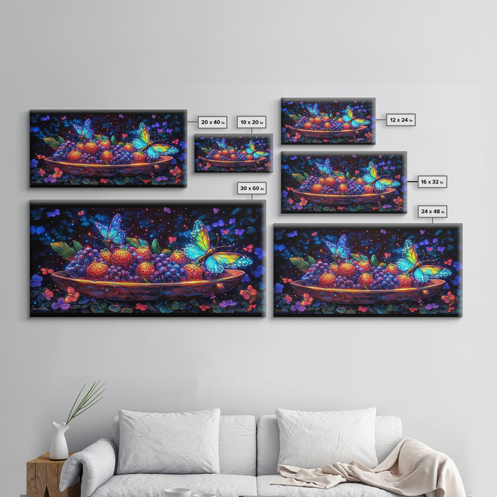 Butterflies Over Glowing Berries In Wooden Bowl Canvas Print, Whimsical Wall Art, Botanical Decor, Colorful Nature Gift