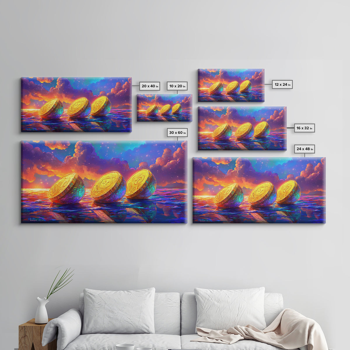 Golden Coins On Reflective Ocean Canvas Print, Abstract Seascape, Coastal Wall Art, Sunset Painting, Statement Artwork, Decor