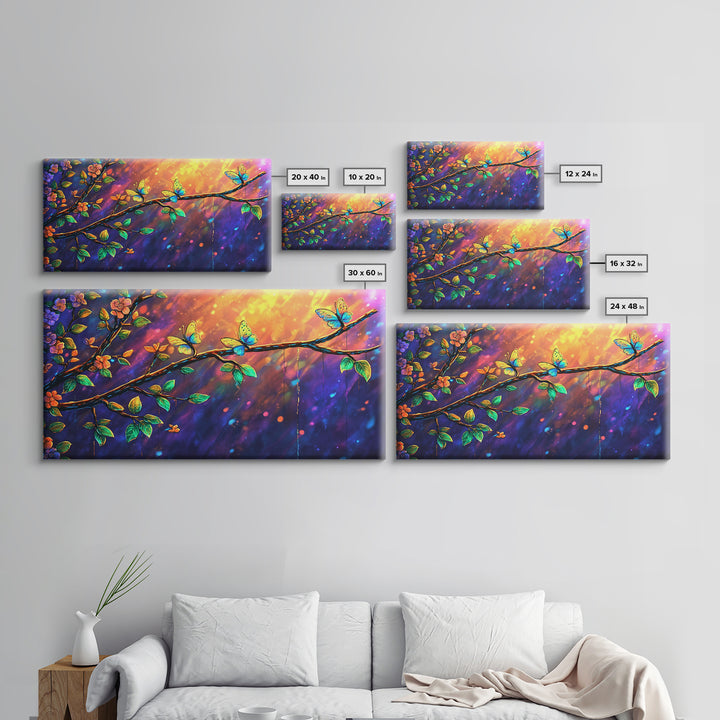 Sunlit Flower Branch With Butterflies Wall Art, Whimsical Nature Art, Botanical Wall Decor, Colorful Bedroom Art Print, Gift