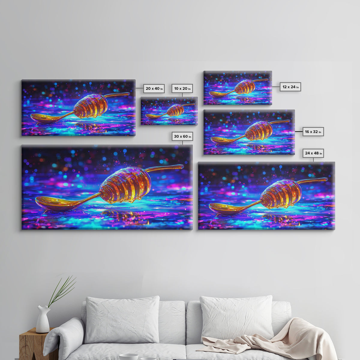 Neon Honey Dipper With Golden Drizzle Wall Art, Colorful Kitchen Decor, Food Lover Gift, Modern Canvas Print, Dining Room Prints