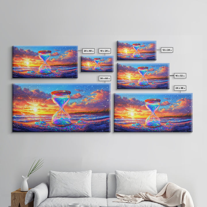 Sparkling Hourglass On Sunset Beach Canvas Print, Coastal Wall Art, Surreal Seascape Decor, Ocean Lover Gift For Her, Living Room Decor