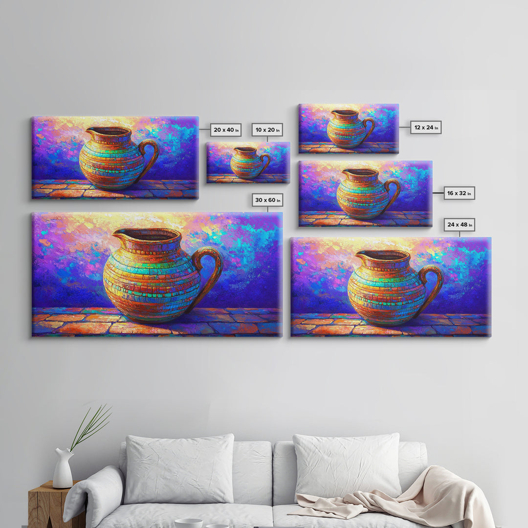 Colorful Mosaic Ceramic Pitcher Still Life Wall Art, Mediterranean Kitchen Decor, Vibrant Canvas Print, Housewarming Gift
