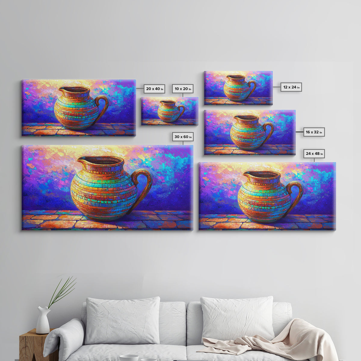 Colorful Mosaic Ceramic Pitcher Still Life Wall Art, Mediterranean Kitchen Decor, Vibrant Canvas Print, Housewarming Gift