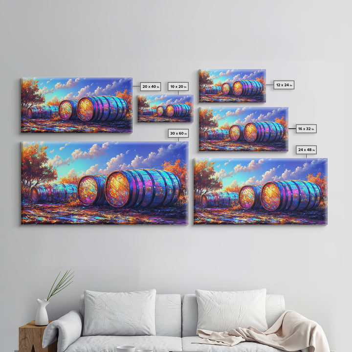 Rainbow Wine Barrels In Autumn Vineyard Wall Art, Rustic Farmhouse Decor, Winery Wall Art, Colorful Landscape, Dining Room Print