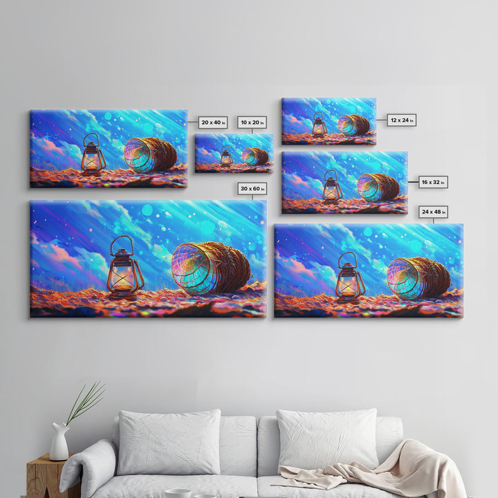 Glowing Lantern And Lobster Trap Canvas Print, Coastal Wall Art, Nautical Beach House Decor, Ocean Gift For Her, Modern Seascape Home Decor