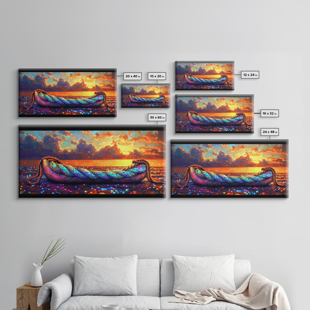 Rainbow Rope Boat At Sunset Framed Canvas Print, Coastal Wall Art, Nautical Ocean Decor, Beach House Living Room Art, Large Seascape Gift