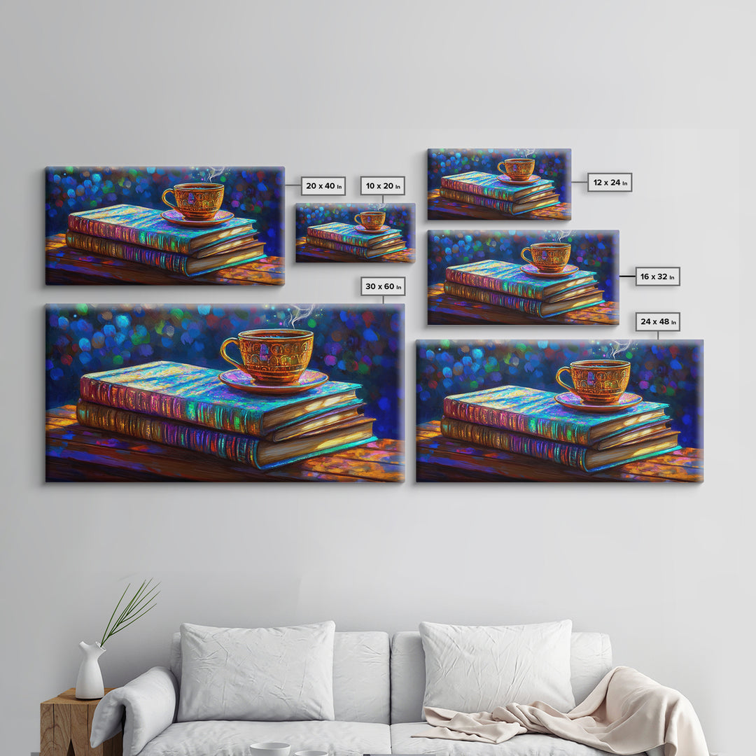 Steaming Teacup On Stacked Books Framed Canvas Print, Cozy Library Wall Art, Book Lover Gift, Coffee Shop Home Decor, Reading Nook Decor