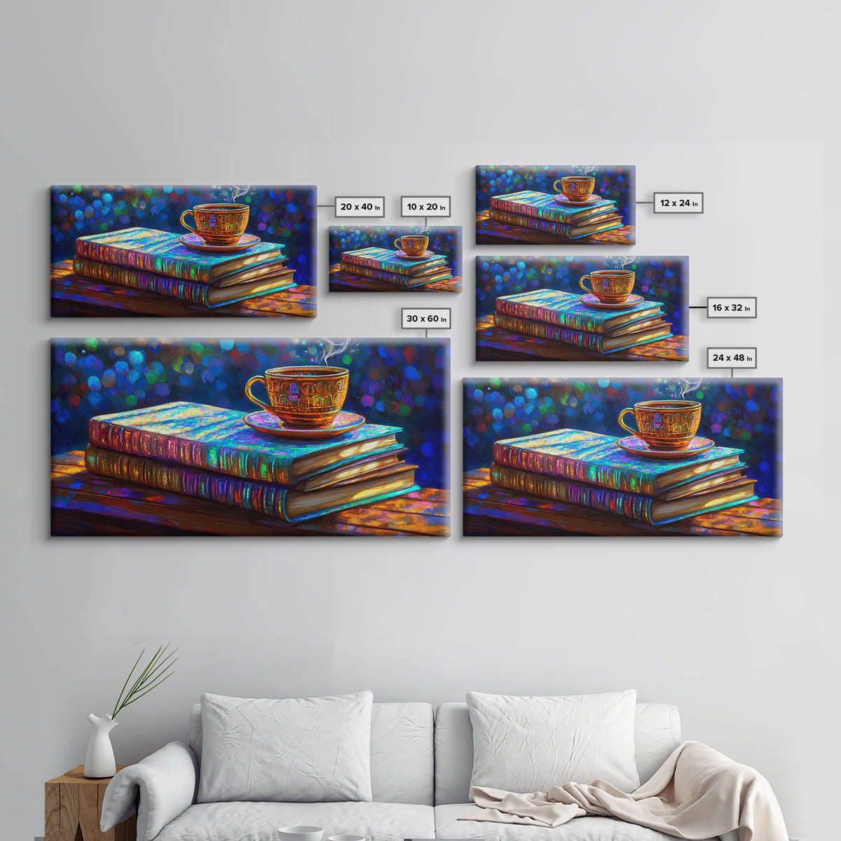 Steaming Teacup On Stacked Books Framed Canvas Print, Cozy Library Wall Art, Book Lover Gift, Coffee Shop Home Decor, Reading Nook Decor