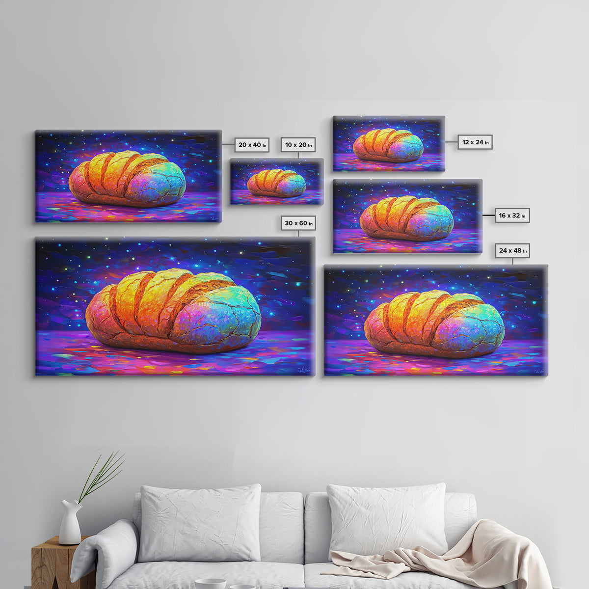 Glowing Croissant Pastry Under Starry Sky Canvas Print, Bakery Wall Art, Kitchen Decor, French Patisserie Gift For Foodie