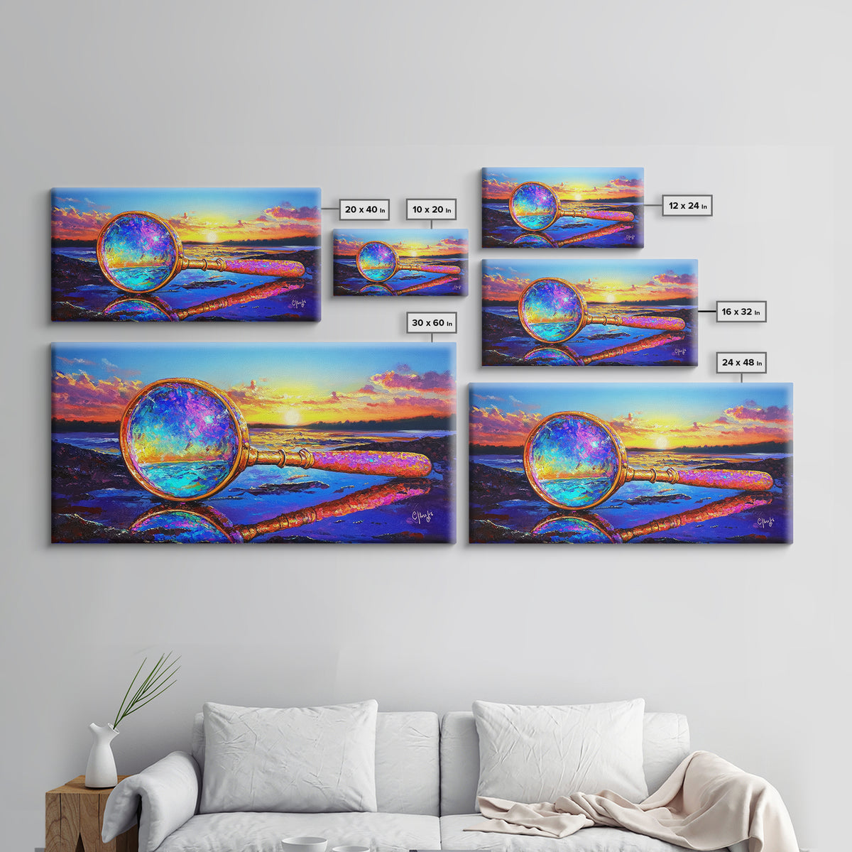 Magnifying Glass At Beach Sunset Wall Art, Coastal Canvas Print, Ocean Decor, Nautical Landscape Art For Study Or Office