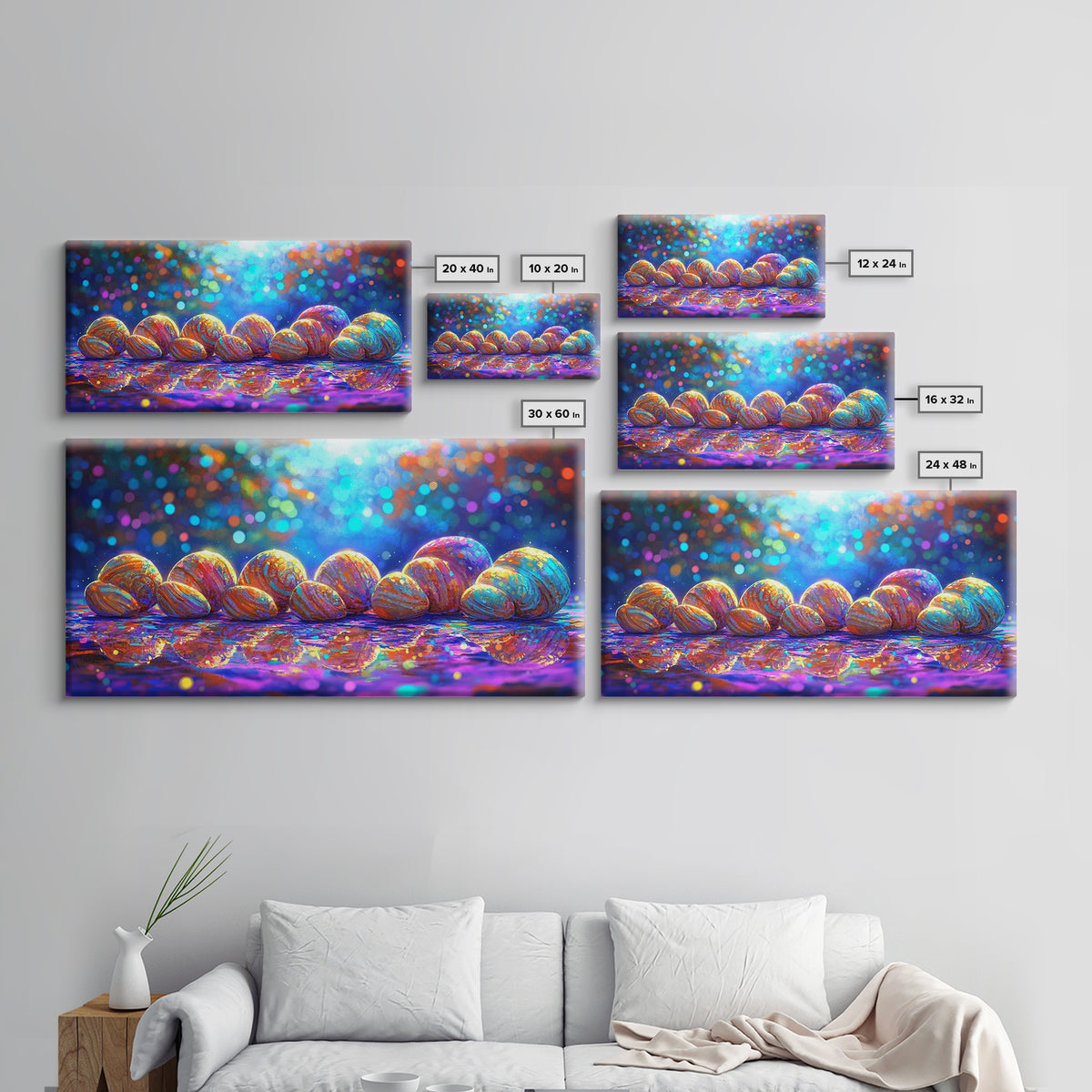 Rainbow Seashells On Shore Wall Art, Coastal Canvas Print, Beach House Decor, Ocean Nursery Art, Nautical Bathroom Decor Gift