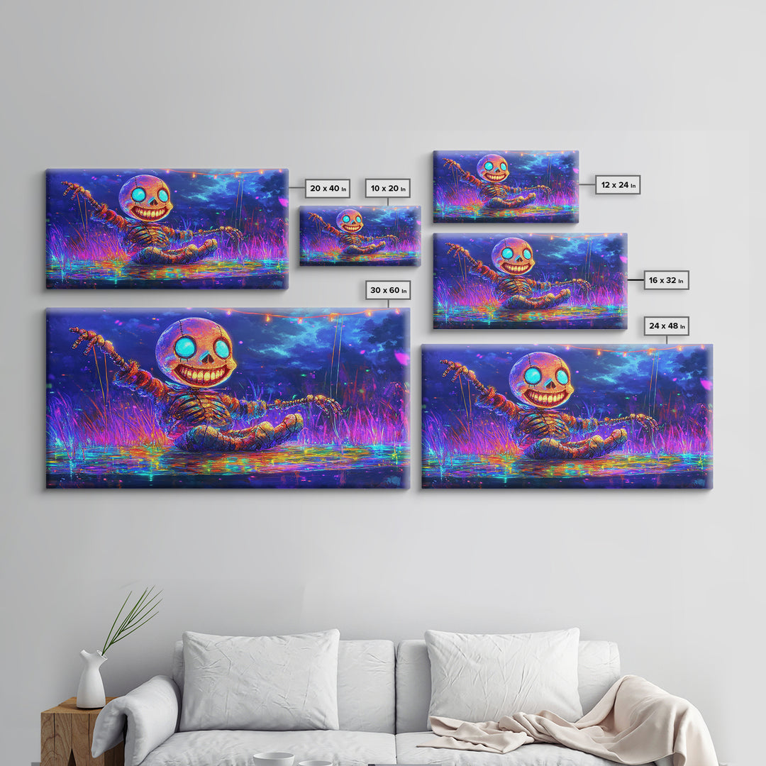 Neon Skeleton Doll In Moonlit Marsh Canvas Print, Halloween Wall Art, Gothic Decor, Whimsical Art, Spooky Kids Room Decor