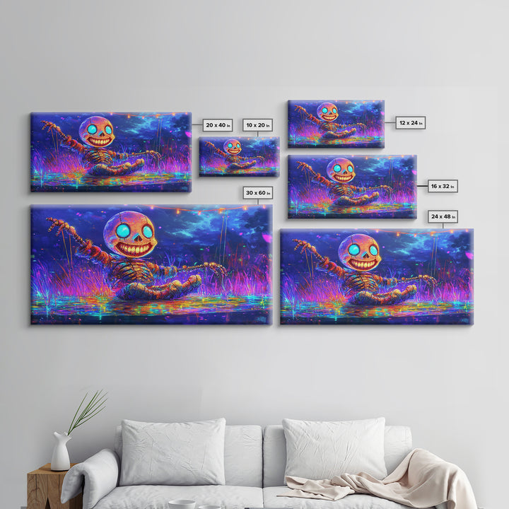Neon Skeleton Doll In Moonlit Marsh Canvas Print, Halloween Wall Art, Gothic Decor, Whimsical Art, Spooky Kids Room Decor