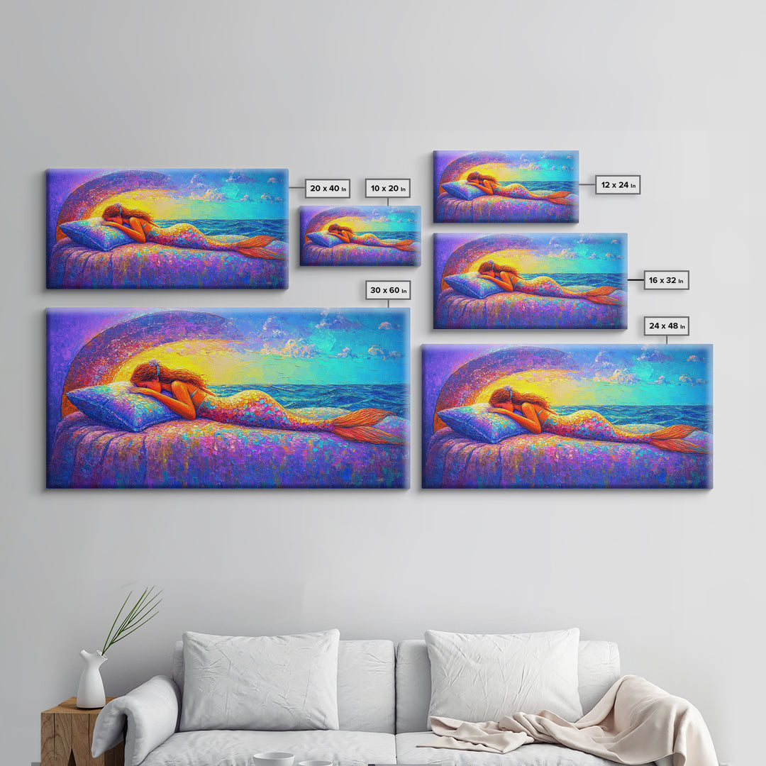 Sleeping Mermaid By Ocean Window Framed Canvas Print, Fantasy Wall Art, Coastal Bedroom Decor, Beach House Decor Gift For Her