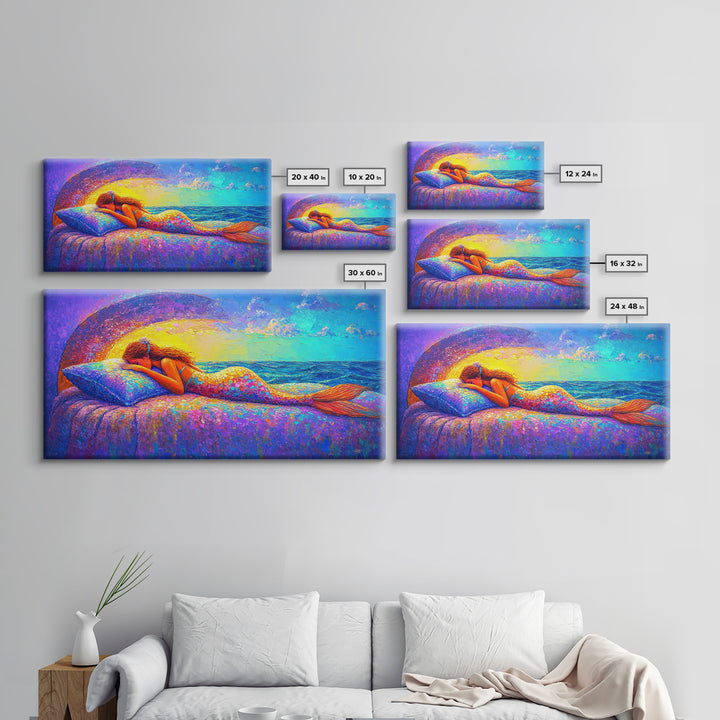 Sleeping Mermaid By Ocean Window Framed Canvas Print, Fantasy Wall Art, Coastal Bedroom Decor, Beach House Decor Gift For Her