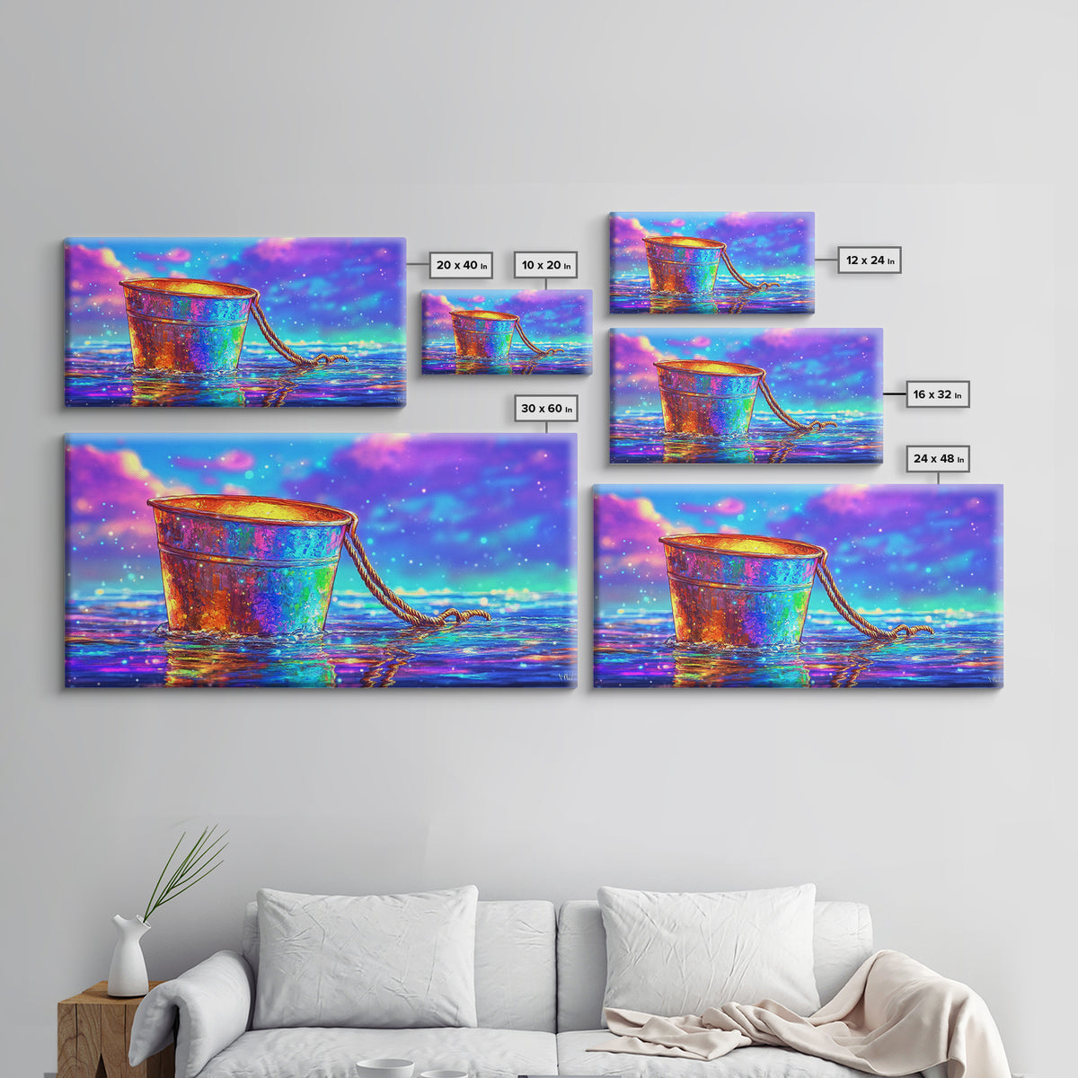 Rainbow Rusty Bucket Floating On Ocean Waves Canvas Print, Colorful Coastal Wall Art, Beach House Decor, Surreal Seascape