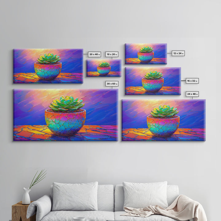 Mosaic Succulent In Rainbow Ceramic Pot Framed Canvas Print, Botanical Wall Art, Colorful Home Decor, Boho Plant Art Gift