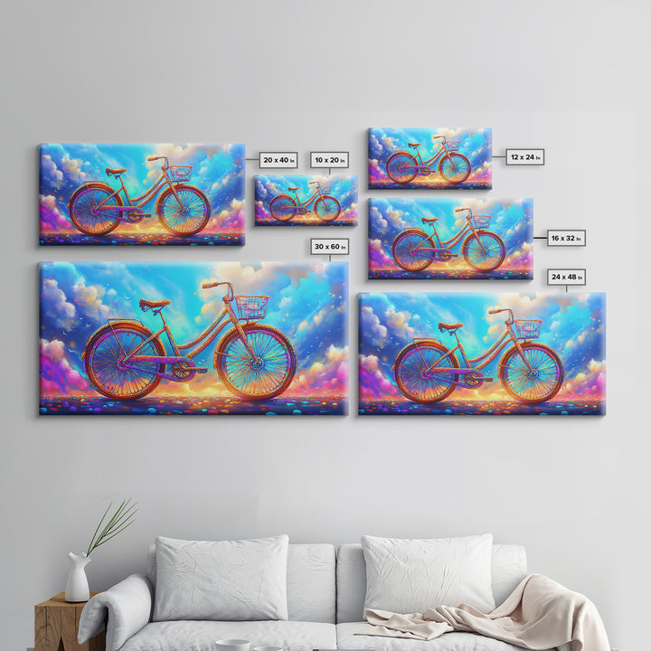 Rainbow Cruiser Bicycle Under Dreamy Clouds Canvas Print, Whimsical Wall Art, Kids Room Decor, Colorful Nursery Art Gift