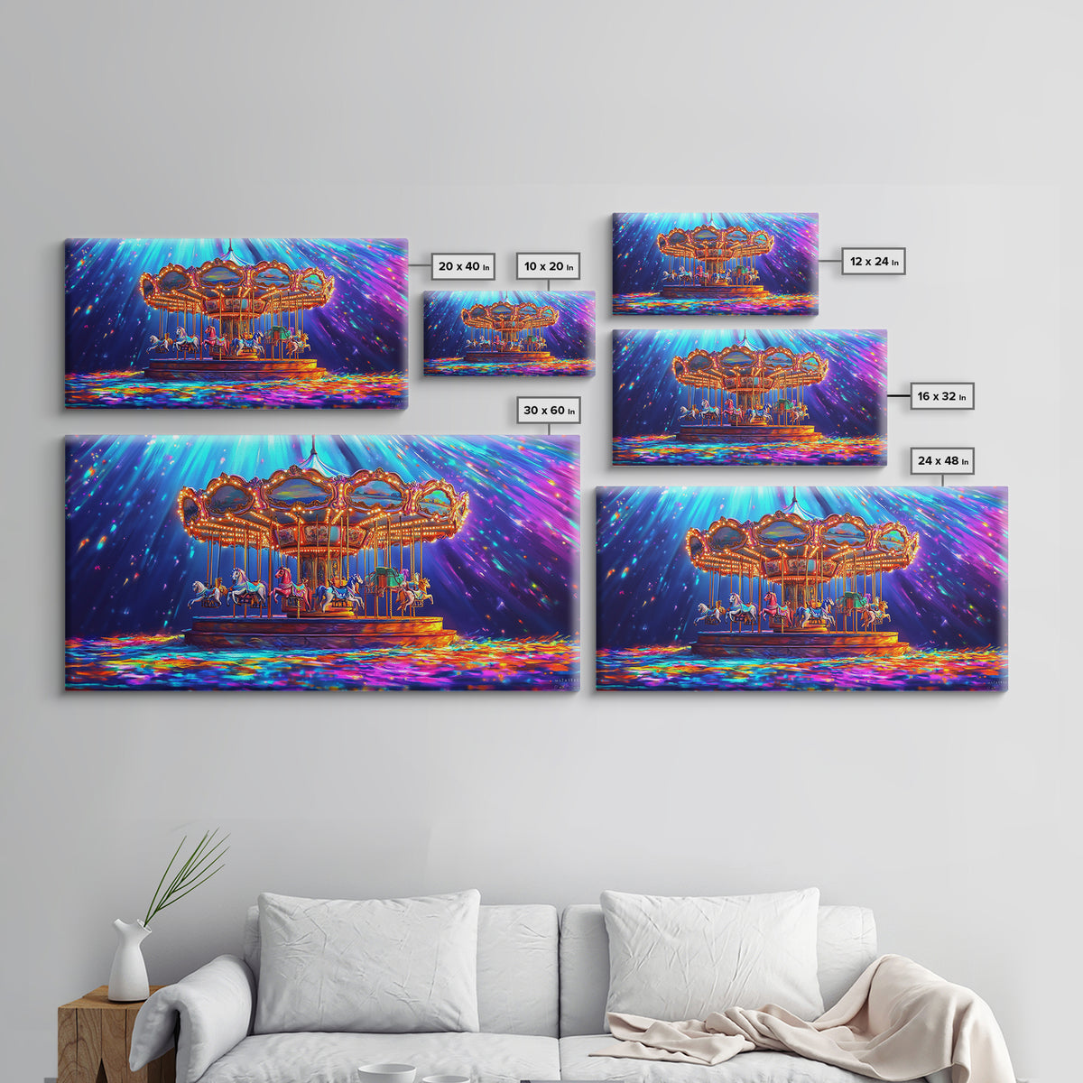 Glowing Carousel Ride With Neon Confetti Framed Canvas Print, Circus Wall Art, Whimsical Decor, Colorful Kids Room Art Gift