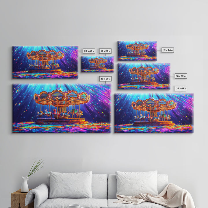 Glowing Carousel Ride With Neon Confetti Framed Canvas Print, Circus Wall Art, Whimsical Decor, Colorful Kids Room Art Gift