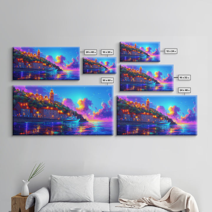 Sunset Harbor Village And Sailboat Canvas Print, Coastal Wall Art, Mediterranean Decor, Travel Poster, Living Room Art Print