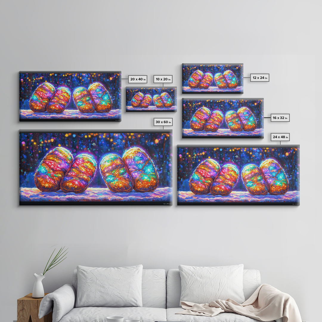 Glowing Rainbow River Stones Under Fairy Lights Canvas Print, Whimsical Wall Art, Dopamine Decor, Colorful Abstract Art Print