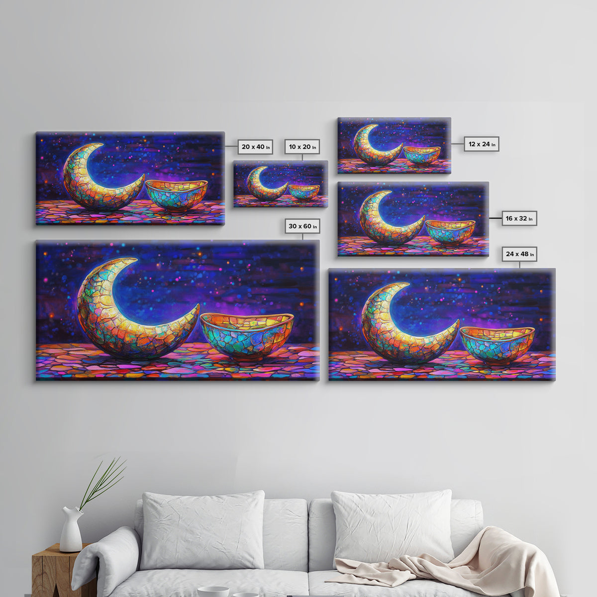 Mosaic Crescent Moon And Bowl Wall Art, Celestial Night Sky Decor, Mystical Boho Canvas, Gift For Her Home Decor, Moon Phase Art
