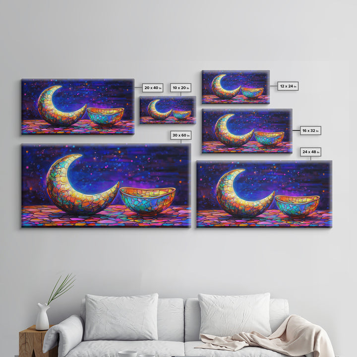 Mosaic Crescent Moon And Bowl Wall Art, Celestial Night Sky Decor, Mystical Boho Canvas, Gift For Her Home Decor, Moon Phase Art