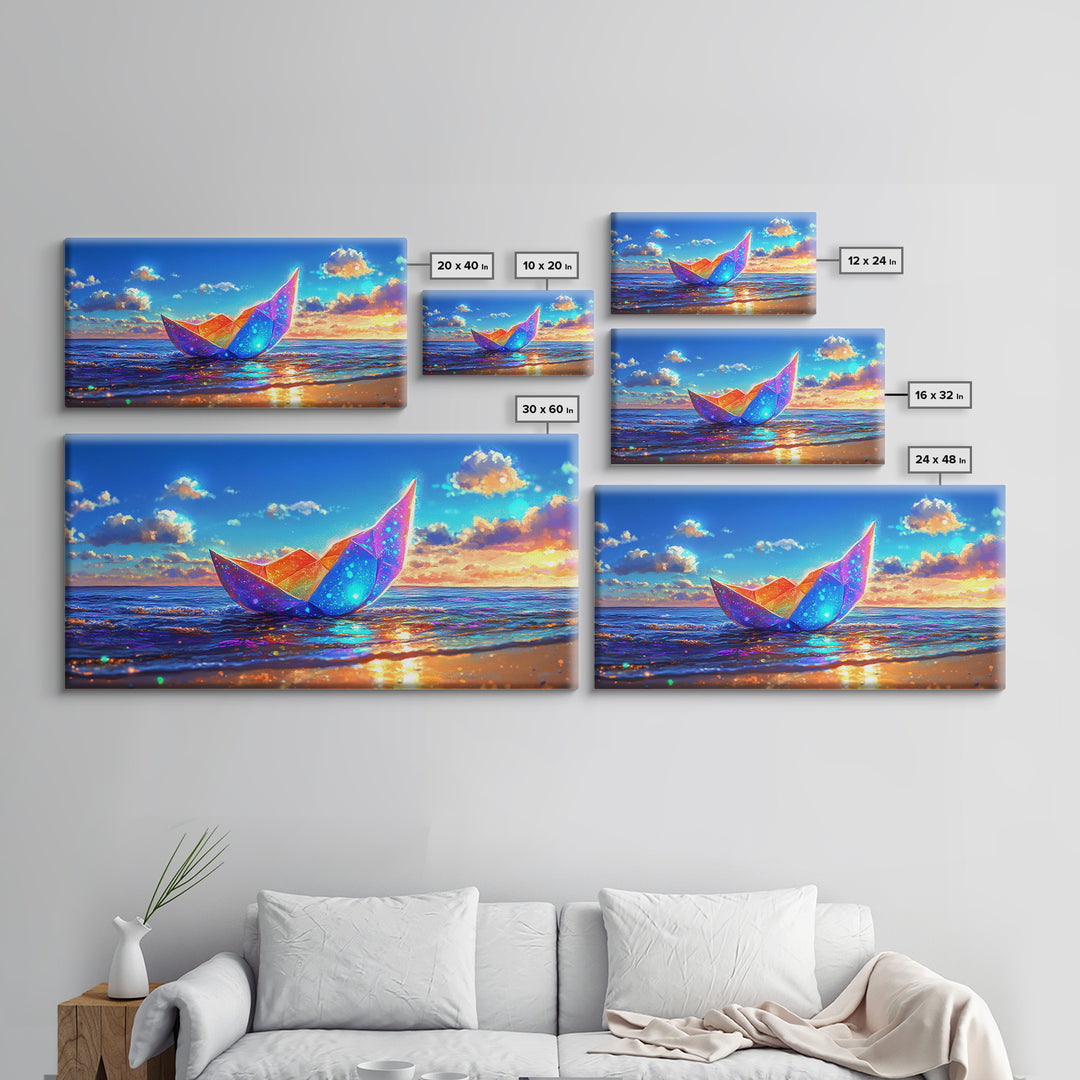Glowing Origami Paper Boat At Sunset Canvas Print, Coastal Wall Art, Ocean Wall Art, Beach House Decor, Modern Seascape Art