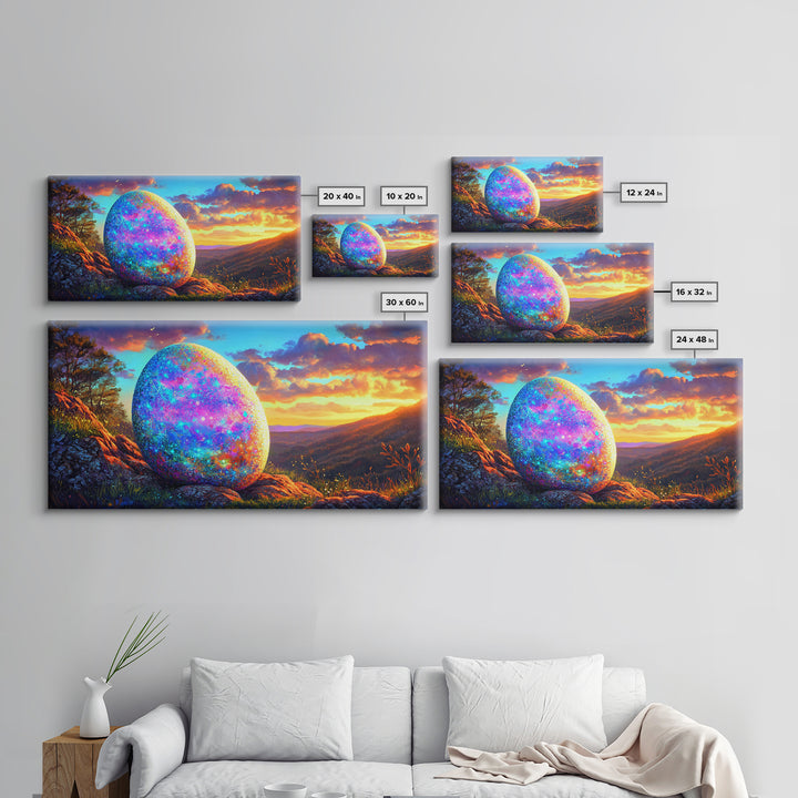 Glittering Easter Egg Mountain Sunset Canvas Print, Whimsical Wall Art, Spring Decor, Fantasy Landscape, Colorful Wall Art