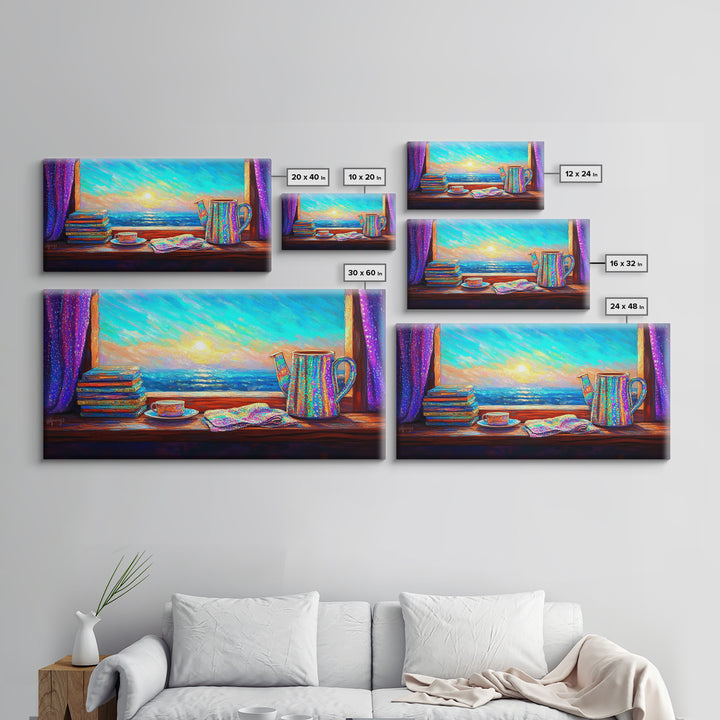 Ocean View Books And Tea By Window Canvas Print, Coastal Wall Art, Reading Nook Decor, Beach House Decor, Cozy Wall Art For Her